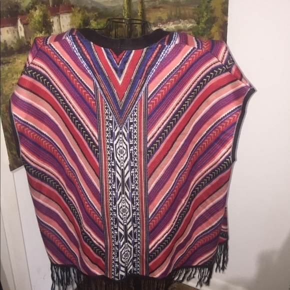 New Directions size small southwest print vest poncho fringe chevron - Picture 9 of 13